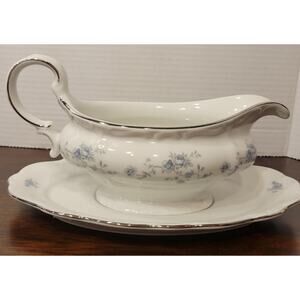 Vintage Johann Haviland China Bavaria Germany Blue Garland Gravy Boat Underplate